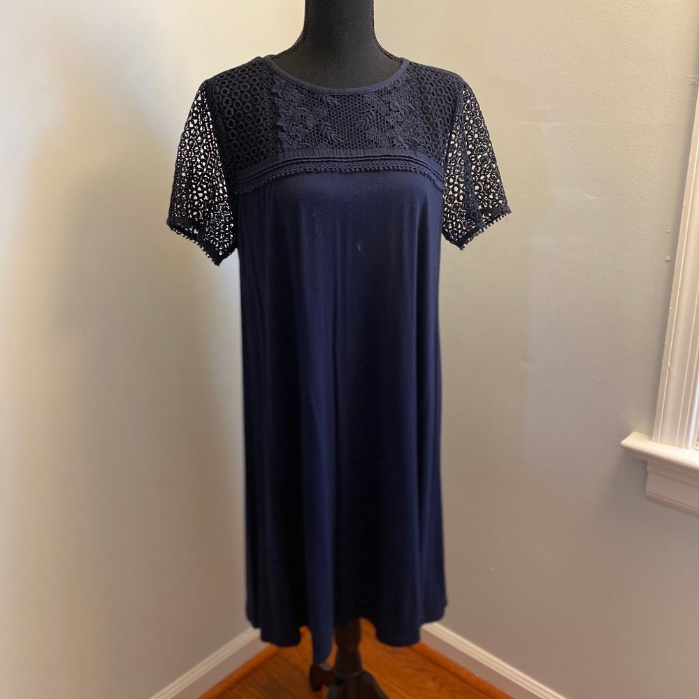 LOFT Navy Crochet Yoke Short Sleeve Dress